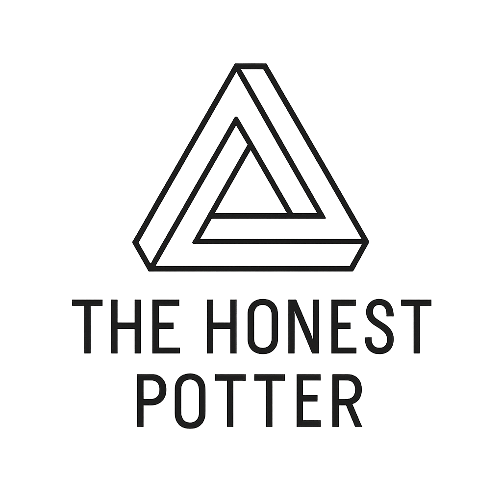 Penrose triangle geometric logo above the words THE HONEST POTTER in bold uppercase letters, minimalist and modern design, neutral emotional tone